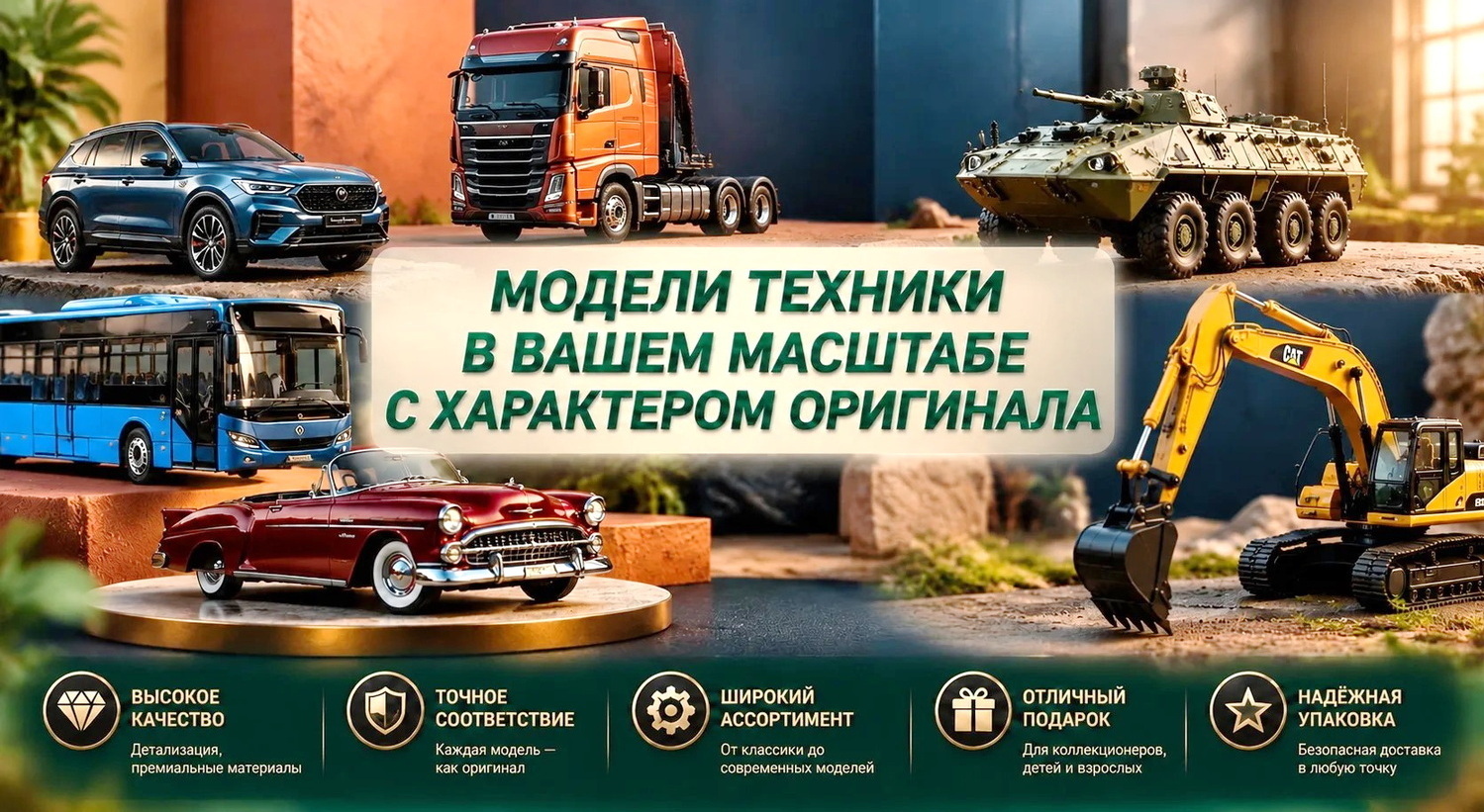 3‑D масштабные модели техники — коллекционные модели авто, автобуса, тягача, ретро‑автомобиля, экскаватора и бронемашины; акцент на детализации, премиальных материалах и широком ассортименте для коллекционеров и детей