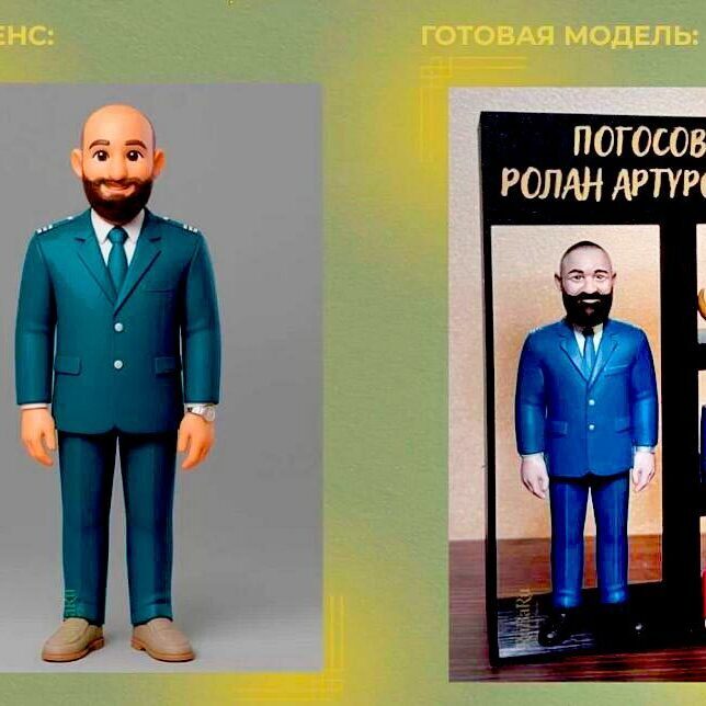 3‑D фигурка человека Погосова Ролана Артуровича в деловом костюме: персонализированная фигурка по фото с именной табличкой и тематическими аксессуарами — эксклюзивный корпоративный сувенир 3‑D фигурка человека мужчины с бородой в синем деловом костюме и галстуке: стилизованный портрет Погосова Ролана Артуровича в презентационной витрине с именной надписью, миниатюрными атрибутами (книга, значок, декоративный элемент) и акцентной чёрной рамкой — вариант сувенира на заказ