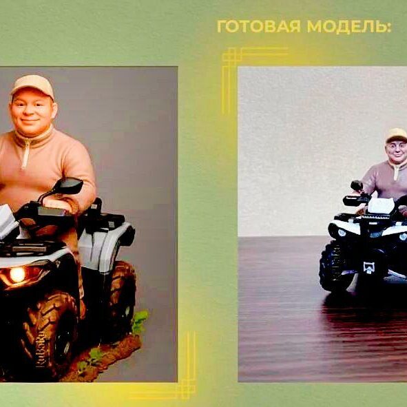 Персонализированная 3‑D фигурка мужчины на квадроцикле: шаржевый портрет в бежевой кепке и свитере на детализированном ATV с подсветкой фар — эксклюзивный подарок и коллекционная модель 3‑D фигурка человека улыбающегося мужчины в бежевой кепке и светло‑бежевом свитере уверенно сидит на реалистичном квадроцикле чёрно‑белой расцветки: проработаны массивные внедорожные шины, зеркала заднего вида, рельефный корпус и светящиеся фары; композиция размещена на лаконичной деревянной поверхности рядом с графичным чёрным акцентом — вариант сувенира на зака