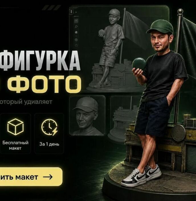3‑D масштабная модель фигурки мужчины: стилизованный образ в кепке, чёрной футболке, шортах и кроссовках; композиция с городской миниатюрой, флагом и световой вывеской; инфографика преимуществ — 100% сходство, бесплатный макет, срок изготовления 1 день