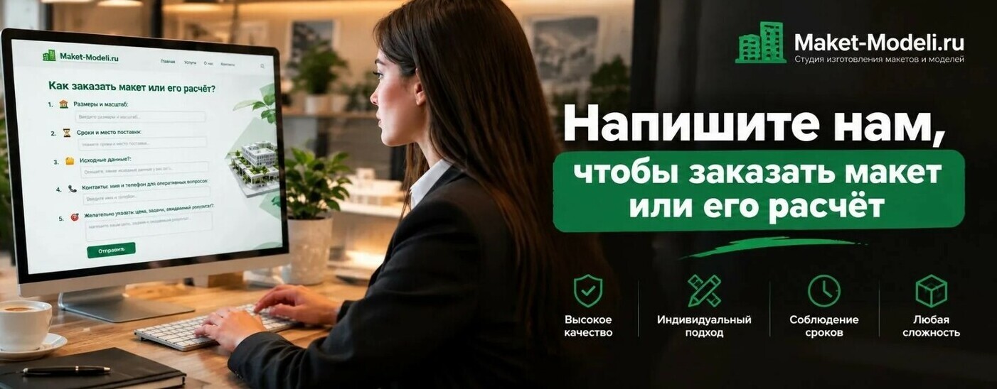 D масштабный макет в интерфейсе сервиса Maket-Modeli.ru: оформление заказа, расчёт стоимости, этапы подачи заявки на изготовление макета