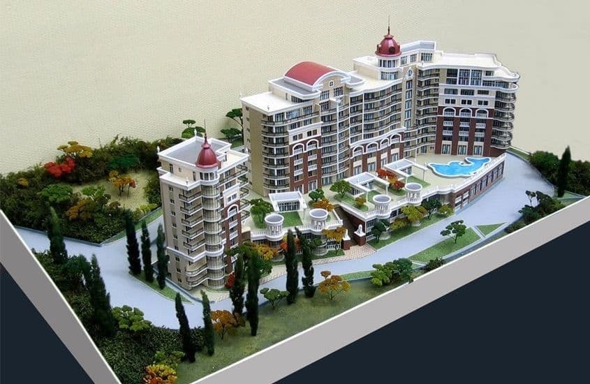 Модель жилого комплекса с зоной отдыха и бассейном
