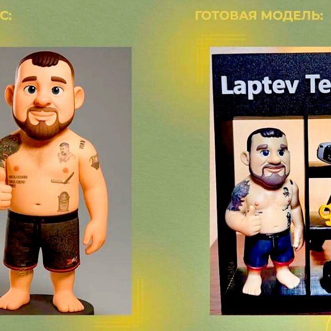 3‑D фигурка бойца ММА для Laptev Team: мускулистый мужчина с татуировками, в тёмно‑синих шортах и с жестом «палец вверх» — коллекционная статуэтка и тематический подарок фанатам единоборств и клуба 3‑D фигурка человека атлетичного мужчины с короткой стрижкой, аккуратной бородой и выразительными татуировками на плечах и груди; поза — уверенный жест «палец вверх», на ногах — тёмно‑синие спортивные шорты с красной окантовкой; фигурка размещена в стилизованной витрине с надписью «Laptev Team», рядом — тематические аксессуары: чёрные гантели, жёлтый кастет и миниатюрный хронометр; композиция подчёркивает принадлежность к культуре ММА и служит персонализированным сувениром для спортсменов и болельщиков