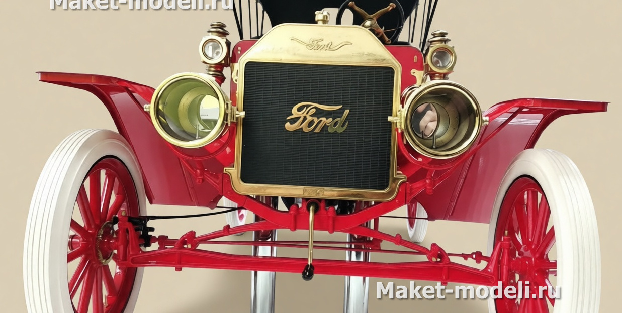 Эксклюзивная модель ретро-автомобиля Ford Model T 1908 года в насыщенном красном цвете с белыми покрышками и латунными элементами. Отличается высокой детализацией: выразительная решётка радиатора с золотым логотипом Ford, массивные круглые фары, изящные крылья и аутентичные колёсные диски. Презентационная модель, изготовленная на заказ, идеально подойдёт для музейной экспозиции — воплощение инженерного стиля начала XX века.