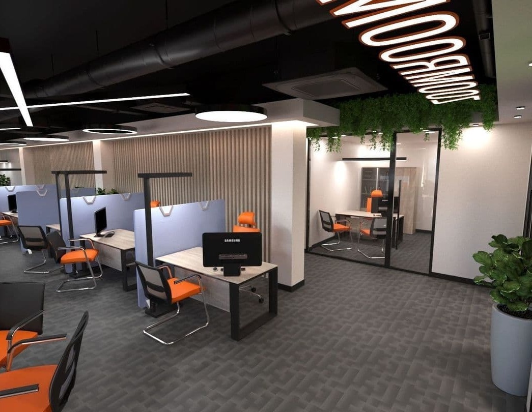 Фото рабочих мест сотрудников в офисе, выполненный в стиле 3-D визуализация 