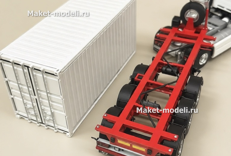Масштабная модель магистрального седельного тягача Volvo FH 480, колесная формула 4×2, с трехосным полуприцепом-фургоном (контейнеровозом) Тягач компоновки с высокой спальной кабиной (high-roof sleeper cab). • Передняя светотехника: основные фары, блок дополнительных противотуманных/дальнобойных фар на переднем бампере. • Солнечный козырёк над ветровым стеклом, сигнальные огни на крыше кабины. • Фирменная решётка радиатора Volvo с логотипом и обозначением модели FH и мощности «480». • Смоделированные элементы ходовой части: односкатные шины на управляемой передней оси и ведущей задней. • Сцепка с трёхосным полуприцепом прямоугольного сечения (контейнер/фургон). Модель установлена на ровной поверхности, на фоне стеллажей с ячейками для хранения и коробок с другими моделями.