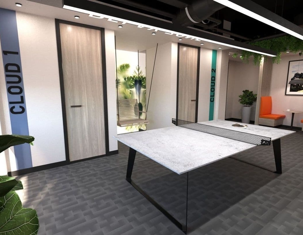 Фото-модель комнаты отдыха в офисе, выполненная в стиле 3-D визуализации 