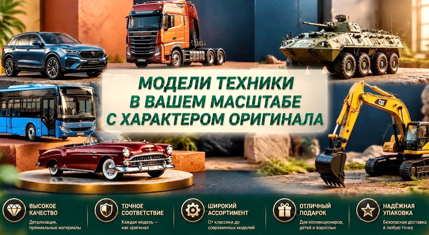 3‑D масштабные модели техники: коллекционные авто, спецтехника и военная техника с характером оригинала — высокое качество и точное соответствие. Изготовлены на заказ. 3‑D масштабные модели техники — коллекционные модели авто, автобуса, тягача, ретро‑автомобиля, экскаватора и бронемашины; акцент на детализации, премиальных материалах и широком ассортименте для коллекционеров и детей