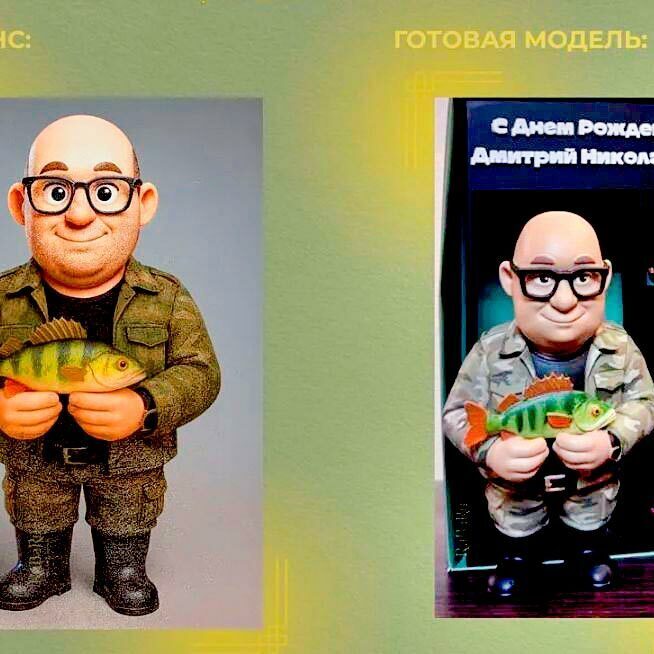 3‑D масштабная фигурка шаржевого рыбака с уловом: персональный подарок с именной надписью „С Днём Рождения, Дмитрий Николаевич!“ — закажите уникальный сувенир 3‑D фигурка рыбака в камуфляжной форме с пойманным окунем, дополненная тематическими аксессуарами (рыболовные снасти, корзина с уловом) и поздравительной надписью — оригинальный подарок для любителя рыбалки