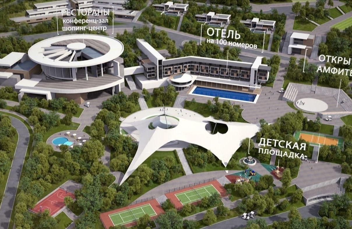 Масштабная модель комплекса с отдельными зданиями: для проживания, зоной отдыха и рестораном