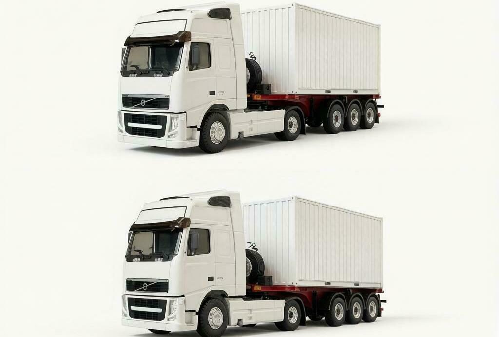 Масштабная модель магистрального седельного тягача Volvo FH 480, колесная формула 4×2, с трехосным полуприцепом-фургоном (контейнеровозом) Тягач компоновки с высокой спальной кабиной (high-roof sleeper cab). • Передняя светотехника: основные фары, блок дополнительных противотуманных/дальнобойных фар на переднем бампере. • Солнечный козырёк над ветровым стеклом, сигнальные огни на крыше кабины. • Фирменная решётка радиатора Volvo с логотипом и обозначением модели FH и мощности «480». • Смоделированные элементы ходовой части: односкатные шины на управляемой передней оси и ведущей задней. • Сцепка с трёхосным полуприцепом прямоугольного сечения (контейнер/фургон). Модель установлена на ровной поверхности, на фоне стеллажей с ячейками для хранения и коробок с другими моделями.