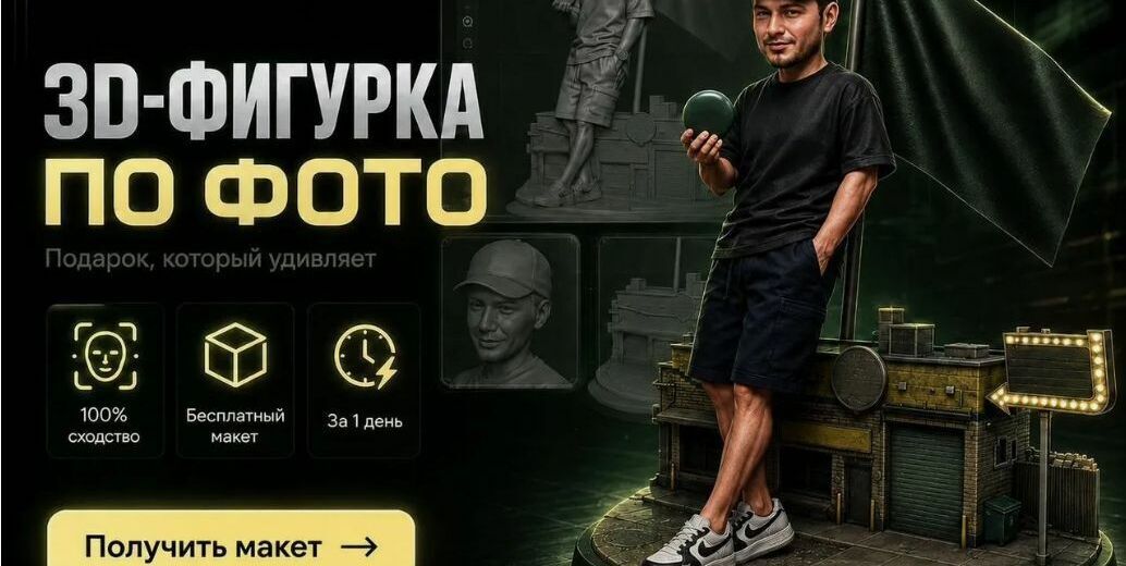 3D‑масштабный макет предложения по корпоративным сувенирам: тиражные фигурки, персонализированные фигурки сотрудников, командные наборы в стиле стикеров, брендированная упаковка; услуги — бесплатный 3D‑макет, тираж и персонализация, нанесение логотипа и аксессуаров, упаковка и доставка