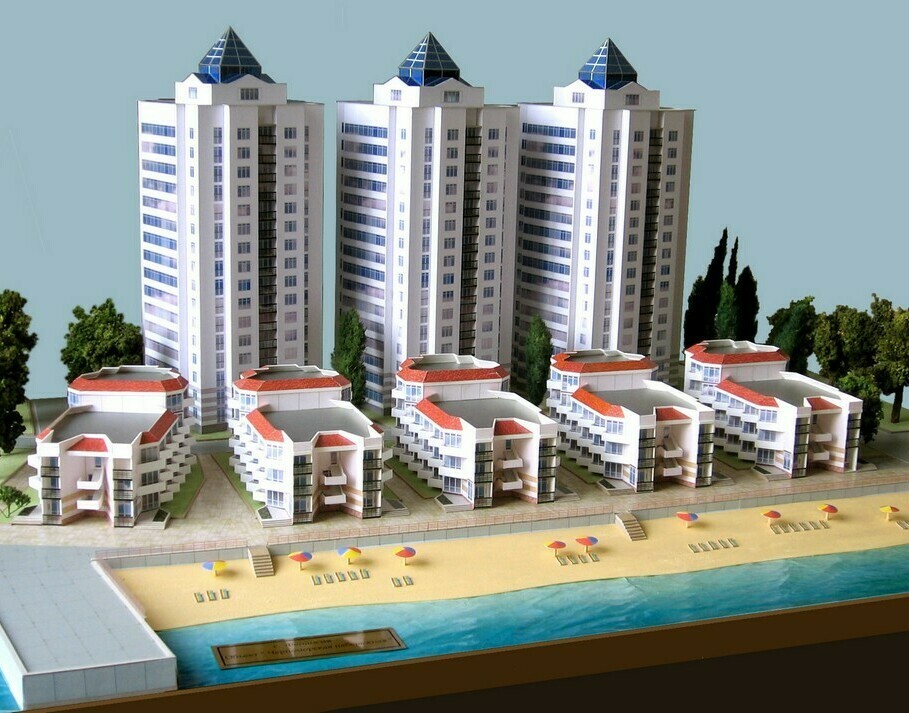 Три модели многоэтажных домов и 5 3-этажных домов на берегу моря