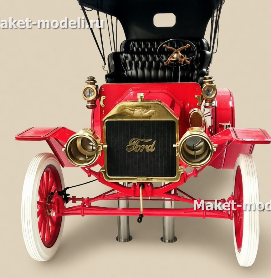 Детализированная модель ретро-автомобиля Ford Model T 1908 года в ярко-красном исполнении с чёрным тентом и латунными элементами. Презентационная копия для музея с аутентичными деталями: классические фары, решётка радиатора с логотипом Ford, колёса с белыми покрышками. Изготовлена на заказ для эффектной демонстрации истории автомобилестроения.