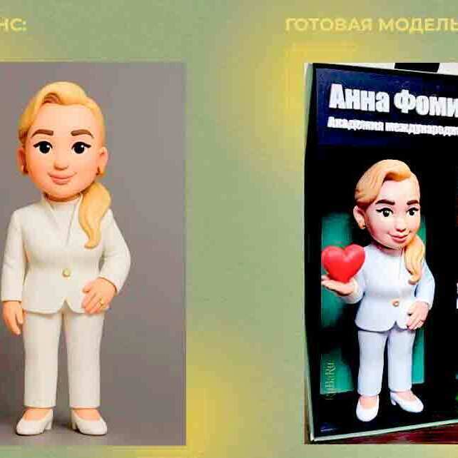 3‑D фигурка человека женщины Анны Фомичевой: коллекционная статуэтка эксперта по ВЭД и основательницы Академии международного бизнеса с символикой „Масштаб“ и „ВЭД“ — эксклюзивный корпоративный сувенир и мотивационный подарок 3‑D фигурка человека - женщины Анны Фомичевой в элегантном белом деловом костюме: аккуратная причёска со светлым локоном, лёгкая улыбка, в правой руке — ярко‑красное сердце; на фоне — стилизованная презентационная панель с надписью «Анна Фомичева, Академия международного бизнеса», рядом — тематические элементы: оранжевый краб с подписью «Масштаб», стопка белых коробок, зелёный блок с аббревиатурой «ВЭД»; композиция подчёркивает профессиональную идентичность эксперта в сфере внешнеэкономической деятельности и служит персонализированным корпоративным сувениром