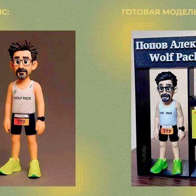 3‑D фигурка человека Попова Алексея для клуба Wolf Pack: коллекционная статуэтка бегуна с номером 779, в спортивной экипировке и фирменной майке — эксклюзивный подарок спортсмену и фанату клуба 3‑D фигурка человека с аккуратной бородой и усами, в очках, белой майке с надписью Wolf Pack, чёрных шортах и ярко‑зелёных кроссовках; на поясе — стартовый номер 779, на руке — чёрный фитнес‑браслет; фигурка размещена в презентационной витрине с именной табличкой «Попов Алексей Wolf Pack», рядом — стилизованные аксессуары: миниатюрная майка, жёлтый боксёрский мешок с логотипом и чёрная фигурка кота; композиция подчёркивает принадлежность к беговому сообществу и служит памятным сувениром