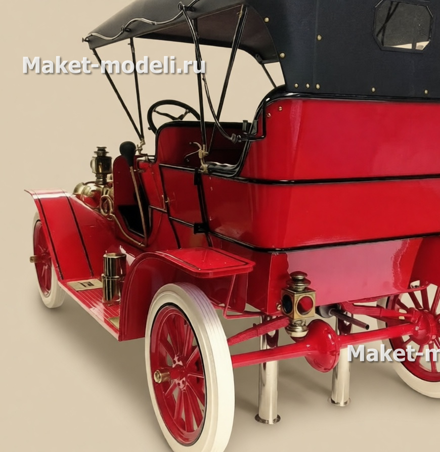 3D-масштабная модель автомобиля Ford Model T 1908 года в насыщенном красном цвете с чёрным кожаным салоном и латунными элементами. Детализированная модель с классическими колёсами с белыми шинами, откидным верхом и аутентичными фарами воспроизводит знаковой автомобиль Генри Форда с высокой точностью. Идеальный экспонат для коллекционеров и любителей истории автопрома.