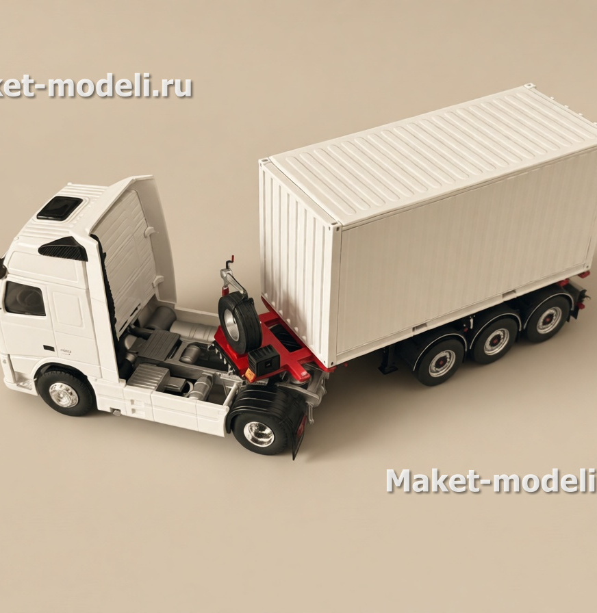 Масштабная модель магистрального седельного тягача Volvo FH 480, колесная формула 4×2, с трехосным полуприцепом-фургоном (контейнеровозом) Тягач компоновки с высокой спальной кабиной (high-roof sleeper cab). • Передняя светотехника: основные фары, блок дополнительных противотуманных/дальнобойных фар на переднем бампере. • Солнечный козырёк над ветровым стеклом, сигнальные огни на крыше кабины. • Фирменная решётка радиатора Volvo с логотипом и обозначением модели FH и мощности «480». • Смоделированные элементы ходовой части: односкатные шины на управляемой передней оси и ведущей задней. • Сцепка с трёхосным полуприцепом прямоугольного сечения (контейнер/фургон). Модель установлена на ровной поверхности, на фоне стеллажей с ячейками для хранения и коробок с другими моделями.