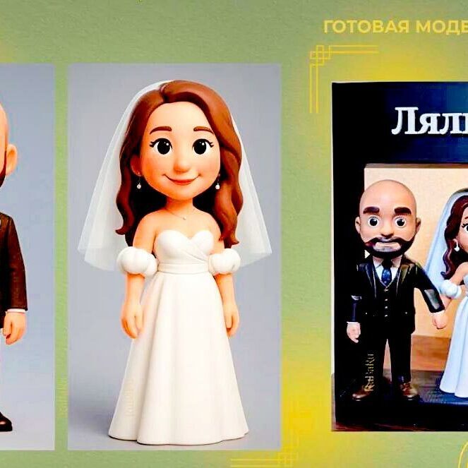 Персонализированные 3‑D фигурки людей: жениха и невесты в шаржевом стиле — свадебный топпер для торта и эксклюзивный сувенир с именной надписью „Лялины“ и декоративными аксессуарами Шаржевые 3‑D фигурки людей: жениха и невесты: жених — лысый, с аккуратной бородой, в тёмном костюме, галстуке и с бутоньеркой; невеста — с волнистыми каштановыми волосами, в белом платье с открытыми плечами, фатой и серьгами; композиция оформлена в презентационной витрине с именной табличкой „Лялины“, миниатюрным домиком, фигуркой голубого персонажа и собачкой — вариант индивидуального подарка на свадьбу