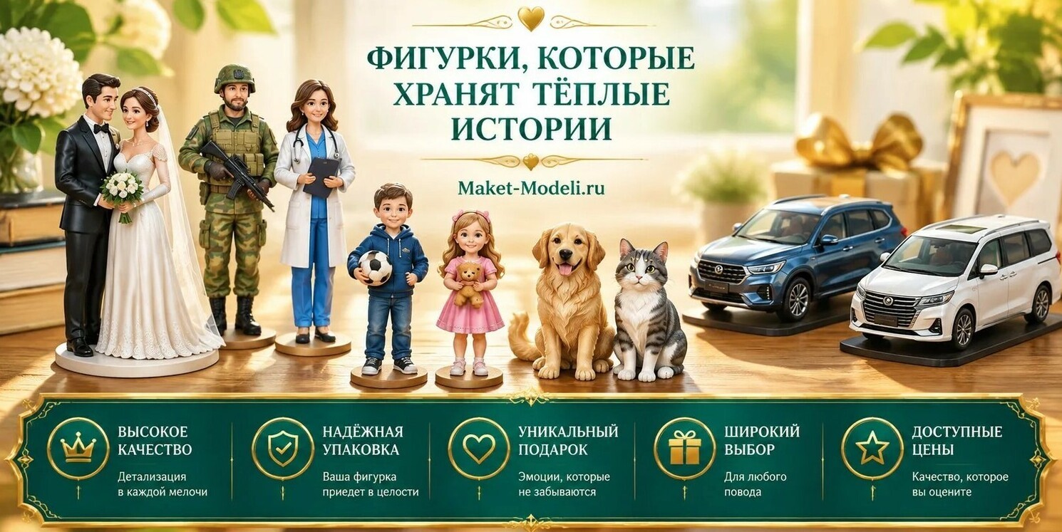 3‑D масштабные макеты фигурок и модели автомобилей на Maket‑Modeli.ru: уникальные подарки, хранящие тёплые истории» Alt: «3‑D масштабные макеты фигурок (жених и невеста, военный, врач, дети), домашние питомцы и модели автомобилей (кроссовер, минивэн) — коллекция уникальных подарков на Maket‑Modeli.ru Композиция из 3‑D масштабных макетов фигурок (жених и невеста, военный, врач, дети, собака, кошка) и моделей автомобилей (кроссовер, минивэн) на деревянной поверхности; в центре — заголовок «Фигурки, которые хранят тёплые истории» и адрес сайта Maket‑Modeli.ru; внизу — блок с преимуществами в изумрудно‑золотой цветовой гамме.