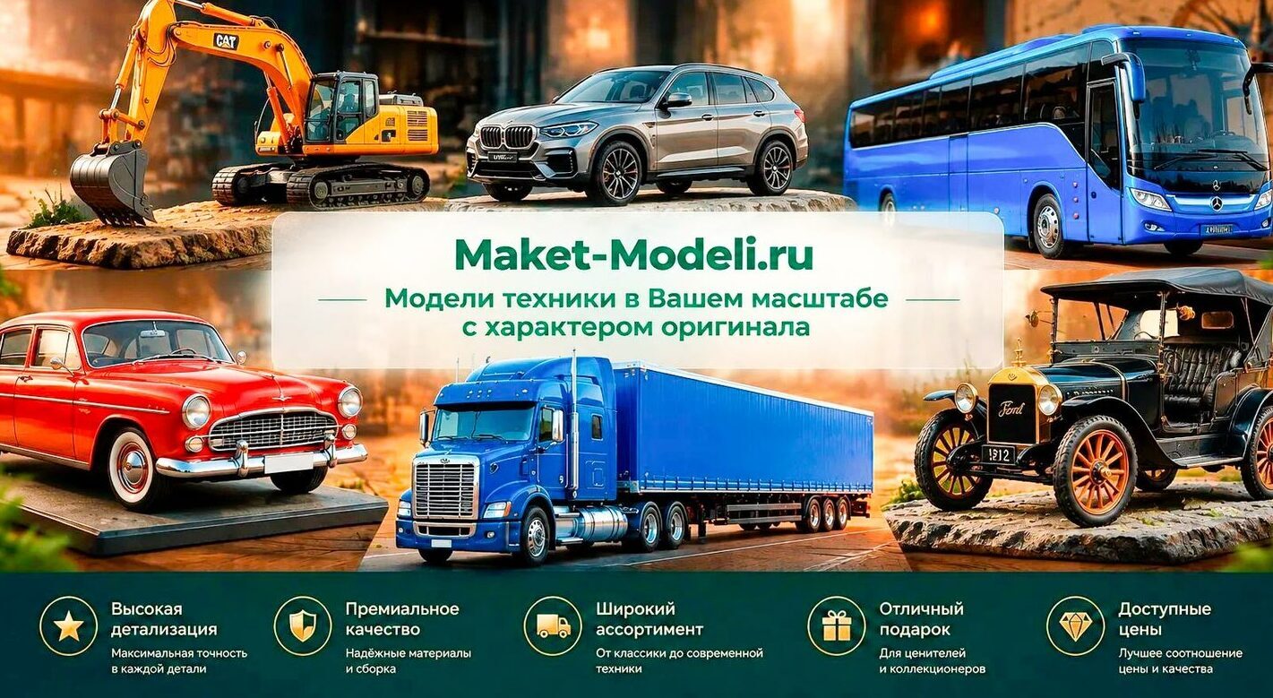 3‑D масштабные модели техники: коллекционные авто, спецтехника и военная техника с характером оригинала — высокое качество и точное соответствие. Изготовлены на заказ. 3‑D масштабные модели техники — коллекционные модели авто, автобуса, тягача, ретро‑автомобиля, экскаватора и бронемашины; акцент на детализации, премиальных материалах и широком ассортименте для коллекционеров и детей