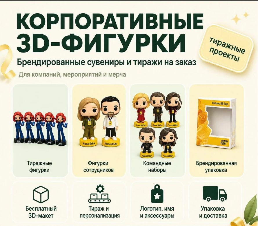 3D‑масштабный макет предложения по корпоративным сувенирам: тиражные фигурки, персонализированные фигурки сотрудников, командные наборы в стиле стикеров, брендированная упаковка; услуги — бесплатный 3D‑макет, тираж и персонализация, нанесение логотипа и аксессуаров, упаковка и доставка